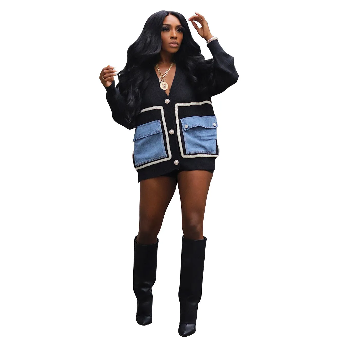 Trendy Oversized Patchwork Cardigan with Denim Pocket Accents