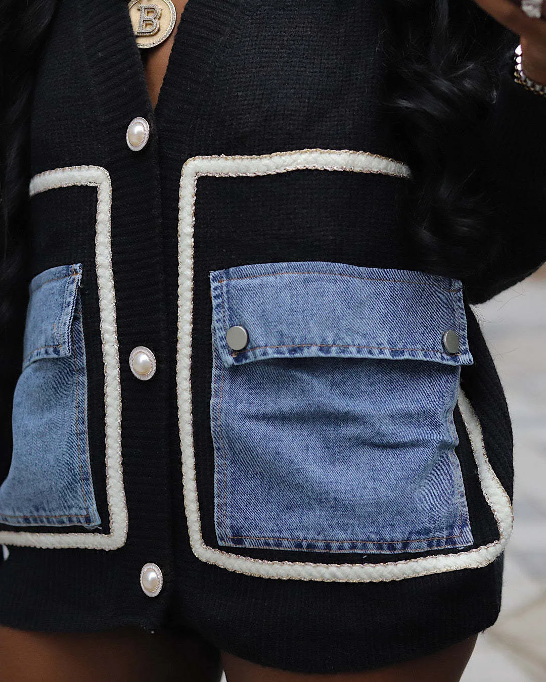 Trendy Oversized Patchwork Cardigan with Denim Pocket Accents