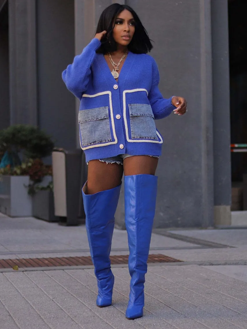 Trendy Oversized Patchwork Cardigan with Denim Pocket Accents