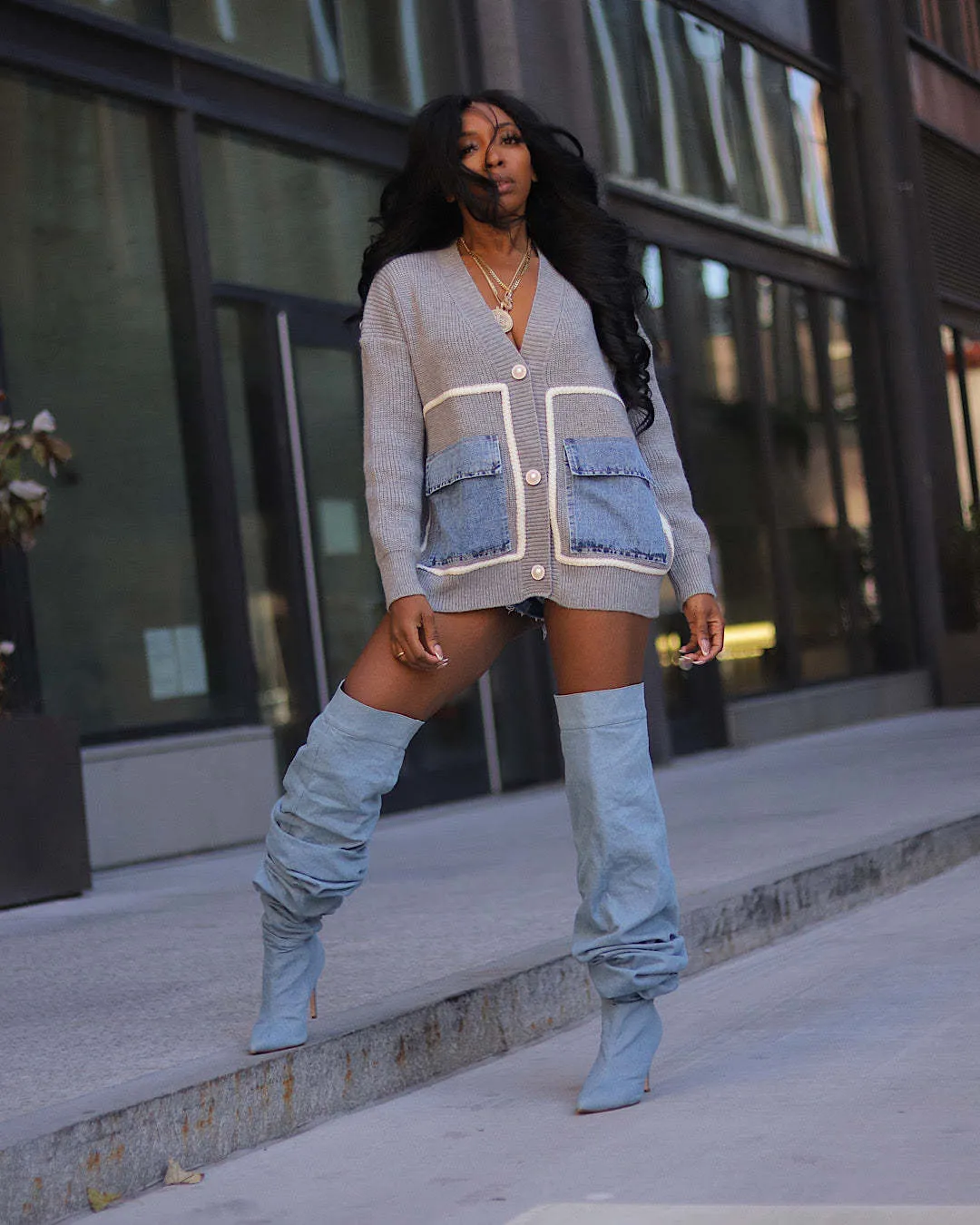 Trendy Oversized Patchwork Cardigan with Denim Pocket Accents