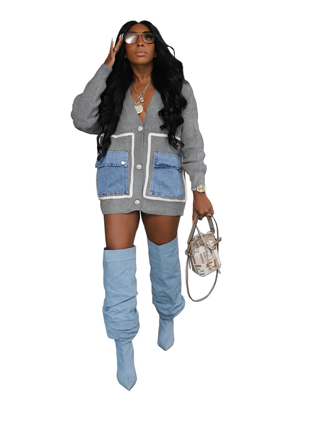 Trendy Oversized Patchwork Cardigan with Denim Pocket Accents