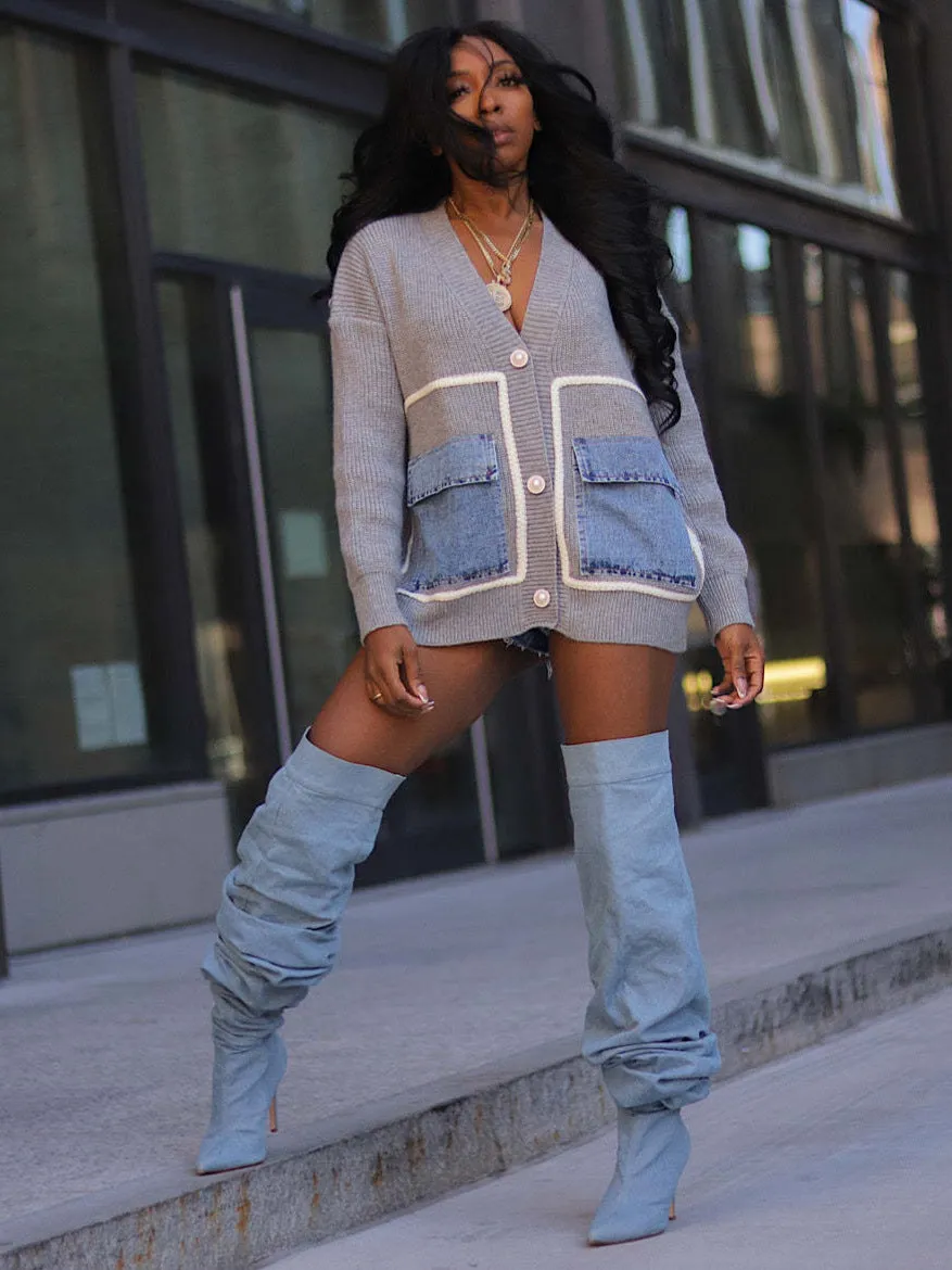 Trendy Oversized Patchwork Cardigan with Denim Pocket Accents