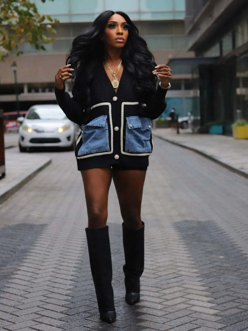 Trendy Oversized Patchwork Cardigan with Denim Pocket Accents