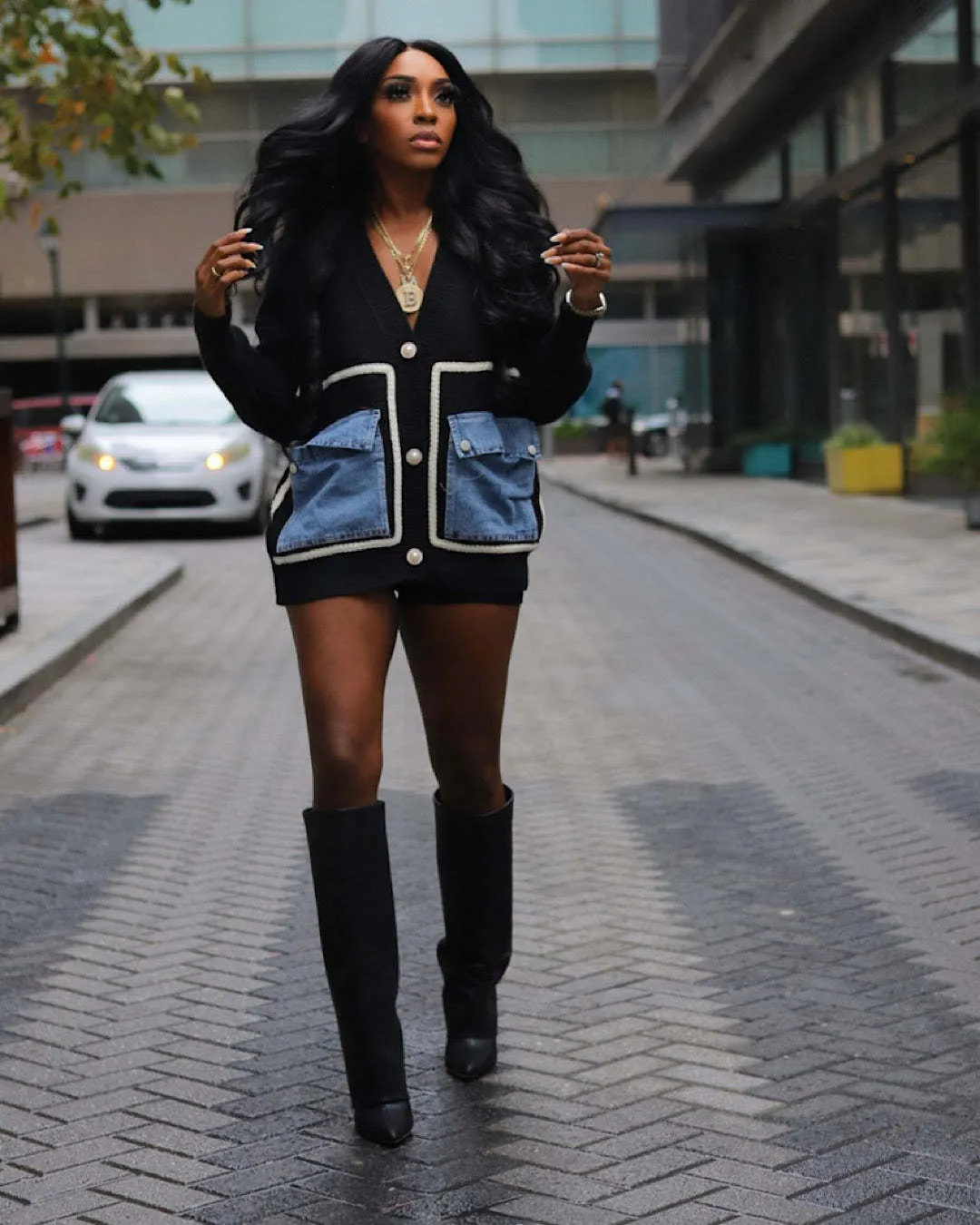 Trendy Oversized Patchwork Cardigan with Denim Pocket Accents