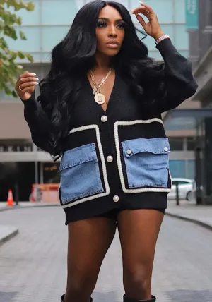 Trendy Oversized Patchwork Cardigan with Denim Pocket Accents