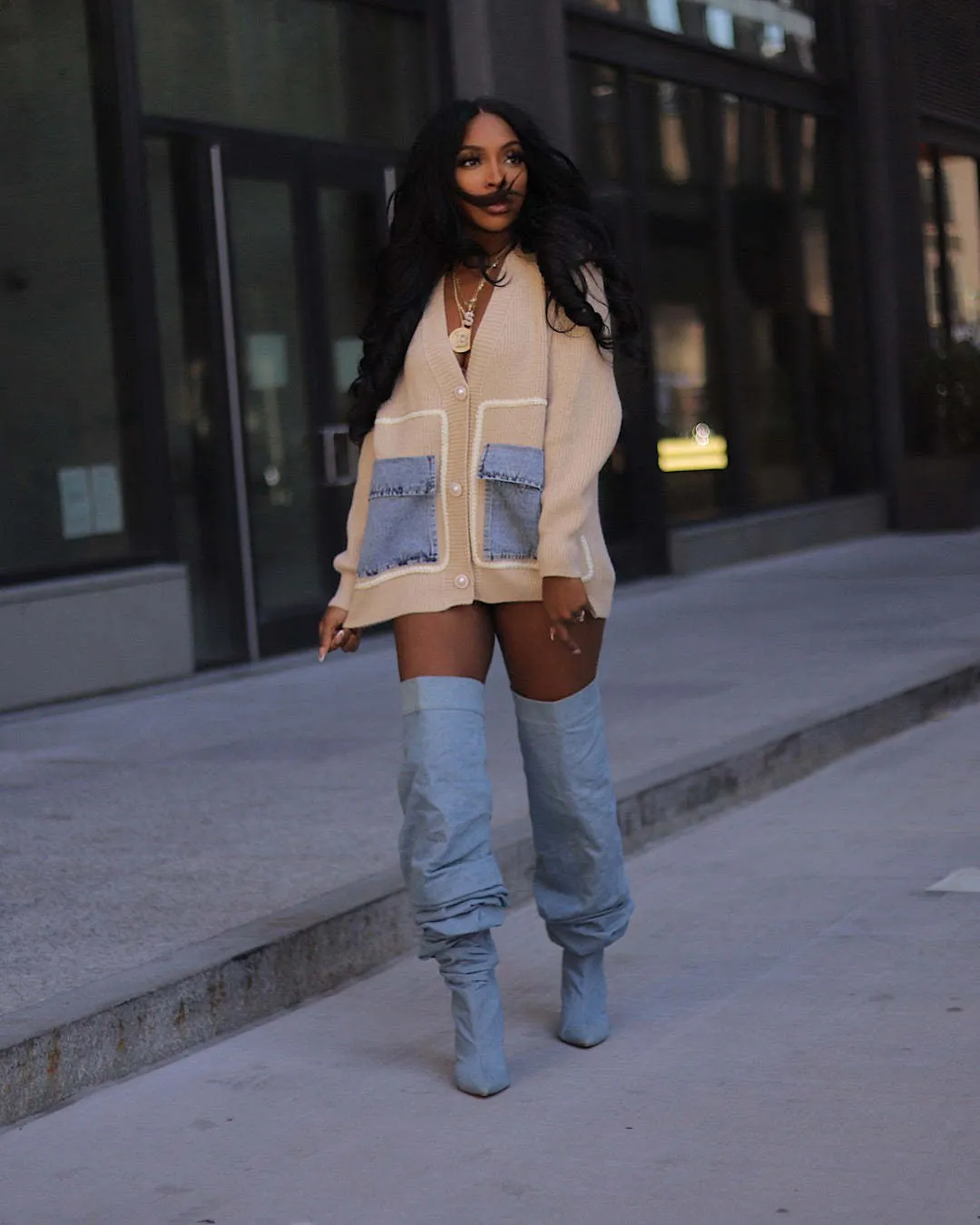 Trendy Oversized Patchwork Cardigan with Denim Pocket Accents