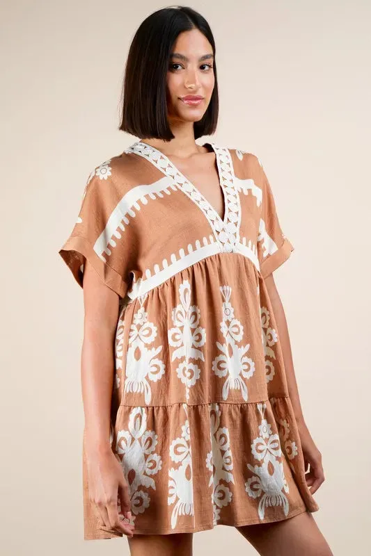 VERY J Plus Size Printed V-Neck Woven Mini Dress