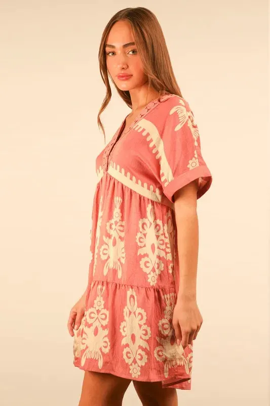 VERY J Plus Size Printed V-Neck Woven Mini Dress