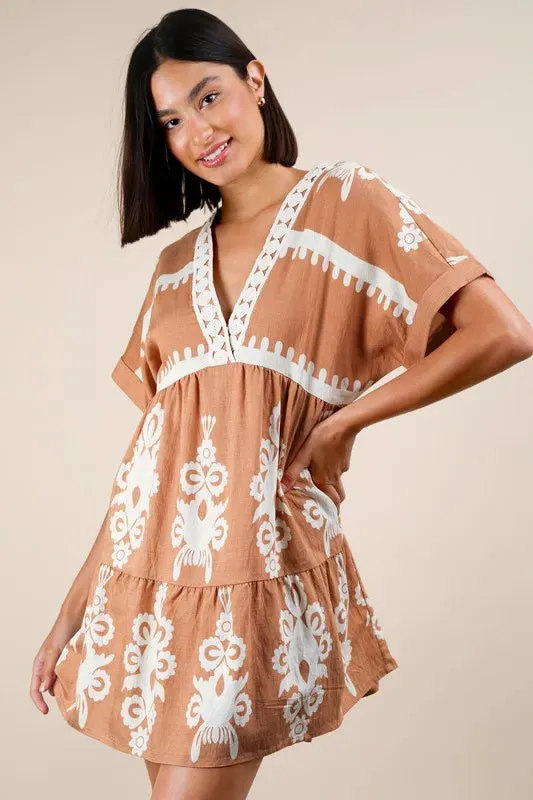 VERY J Plus Size Printed V-Neck Woven Mini Dress