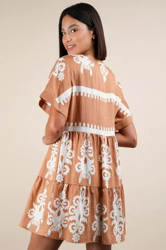 VERY J Plus Size Printed V-Neck Woven Mini Dress