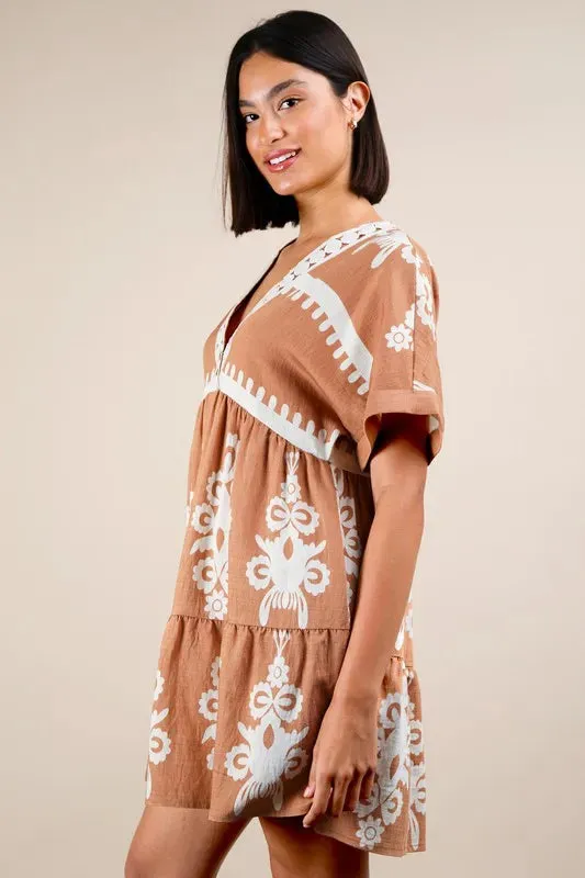 VERY J Plus Size Printed V-Neck Woven Mini Dress