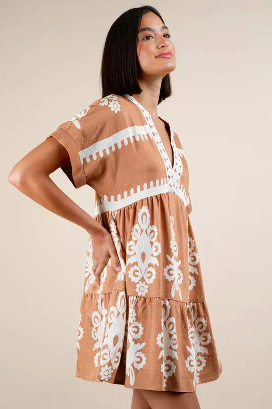 VERY J Plus Size Printed V-Neck Woven Mini Dress