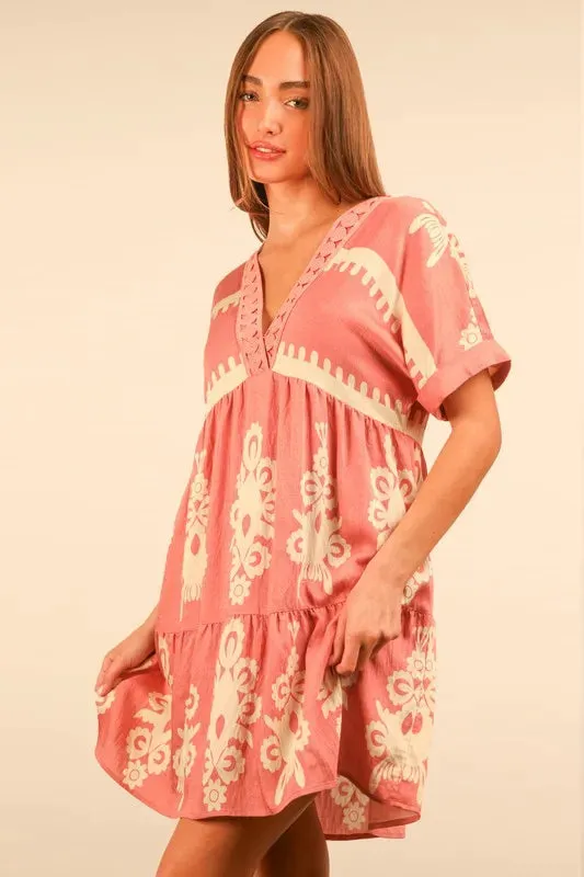 VERY J Plus Size Printed V-Neck Woven Mini Dress