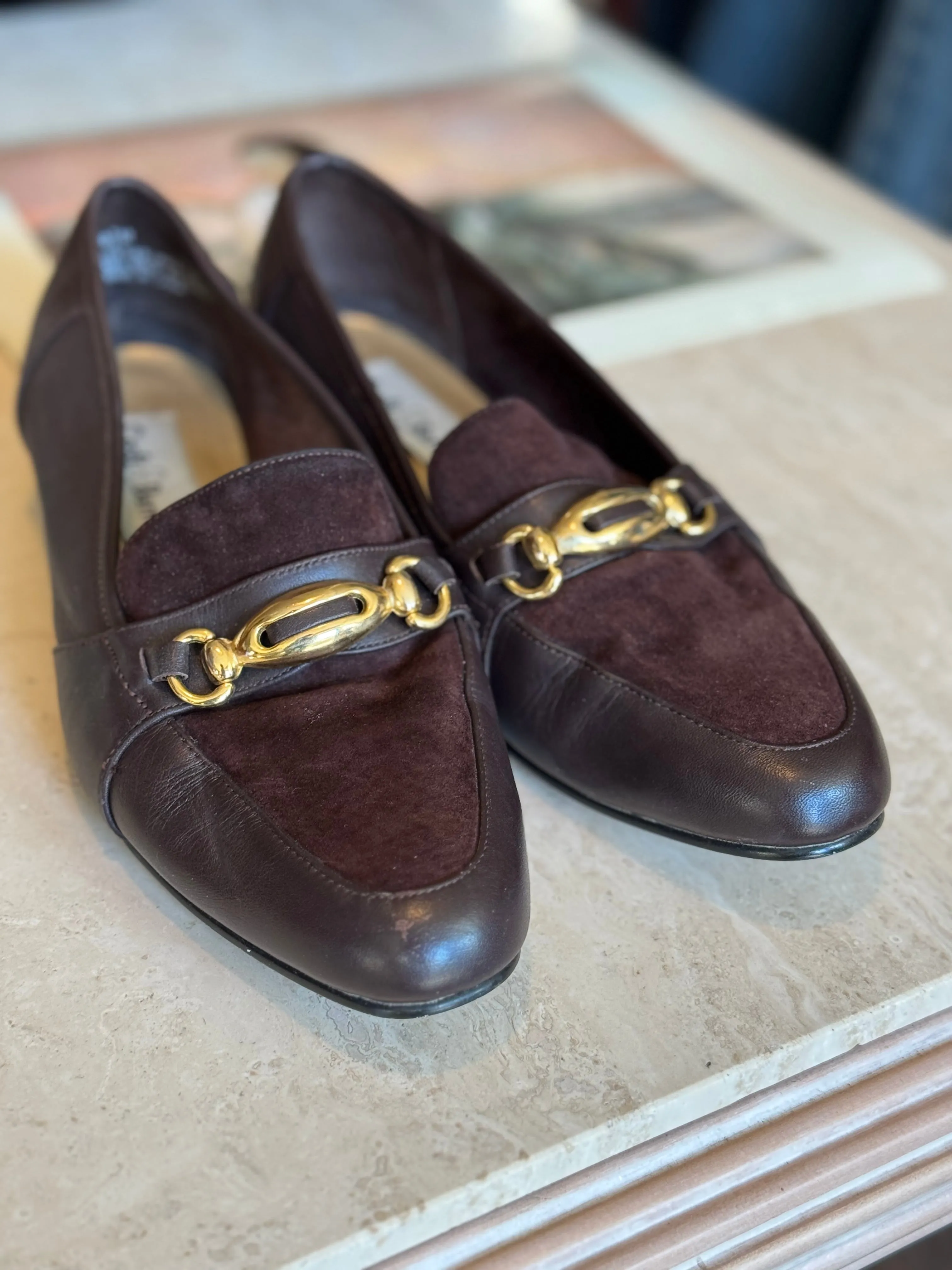 Vintage Croft & Borrow leather & suede loafers with gold accent