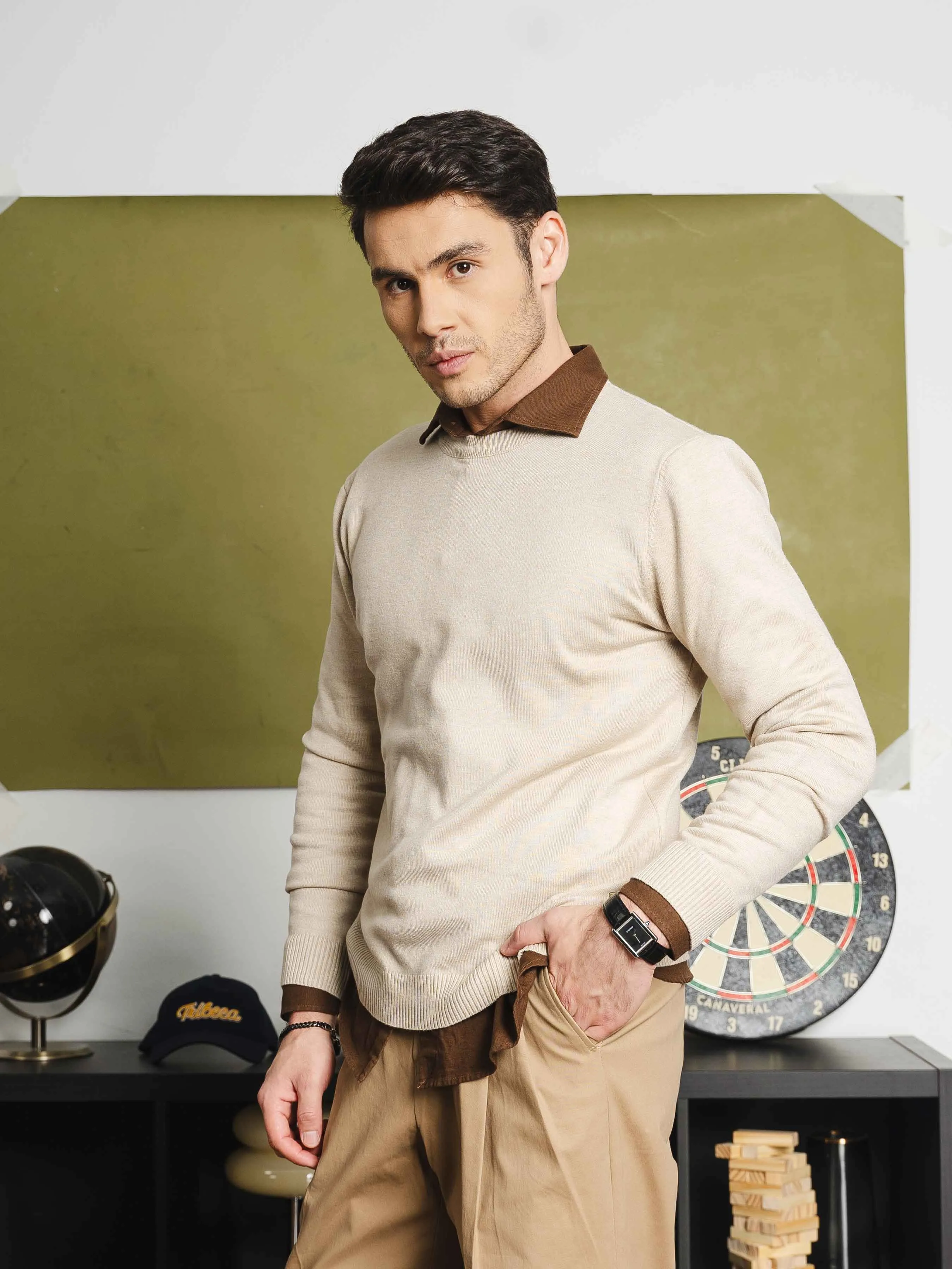 Vittorio Long Sleeve Crew Neck - Beige
