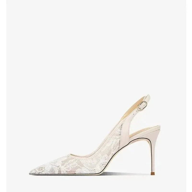 VougeVamp White Lace Bridal High Heel Sandals – Elegant Pointed Toe Wedding & Party Shoes