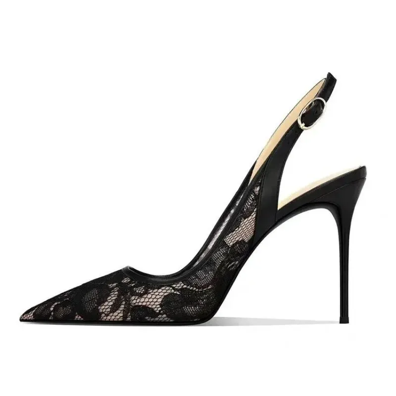 VougeVamp White Lace Bridal High Heel Sandals – Elegant Pointed Toe Wedding & Party Shoes