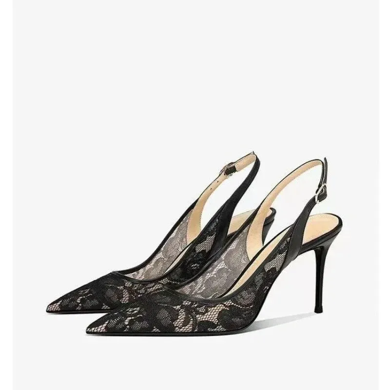 VougeVamp White Lace Bridal High Heel Sandals – Elegant Pointed Toe Wedding & Party Shoes