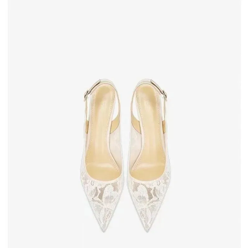 VougeVamp White Lace Bridal High Heel Sandals – Elegant Pointed Toe Wedding & Party Shoes