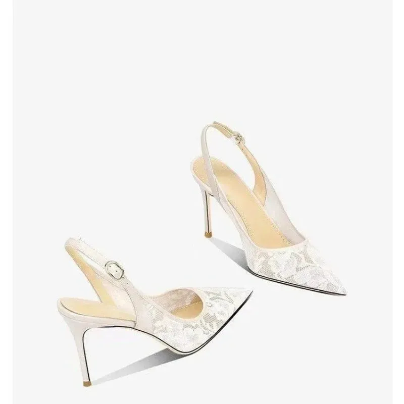 VougeVamp White Lace Bridal High Heel Sandals – Elegant Pointed Toe Wedding & Party Shoes
