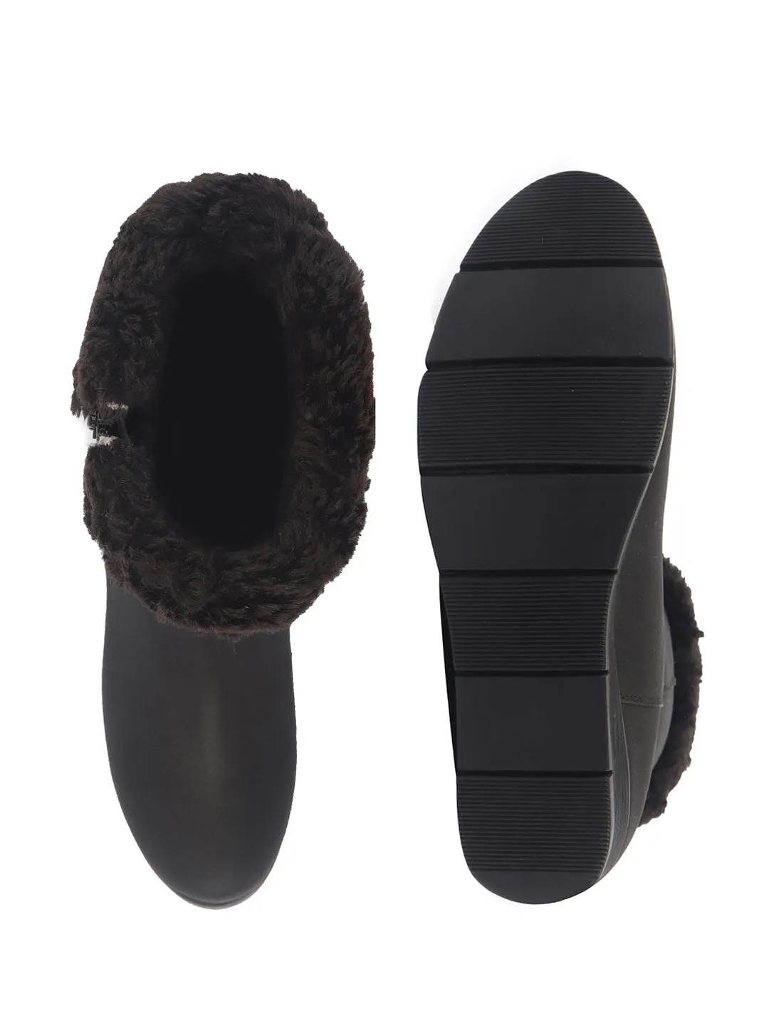 Women Black High Ankle Side Zipper Winter Classic Fur Boots|Memory Cushion Inslole|Platform Wedge Heel Mid Calf Work Boot