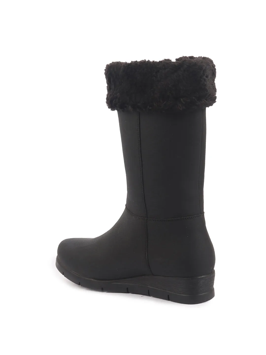 Women Black High Ankle Side Zipper Winter Classic Fur Boots|Memory Cushion Inslole|Platform Wedge Heel Mid Calf Work Boot