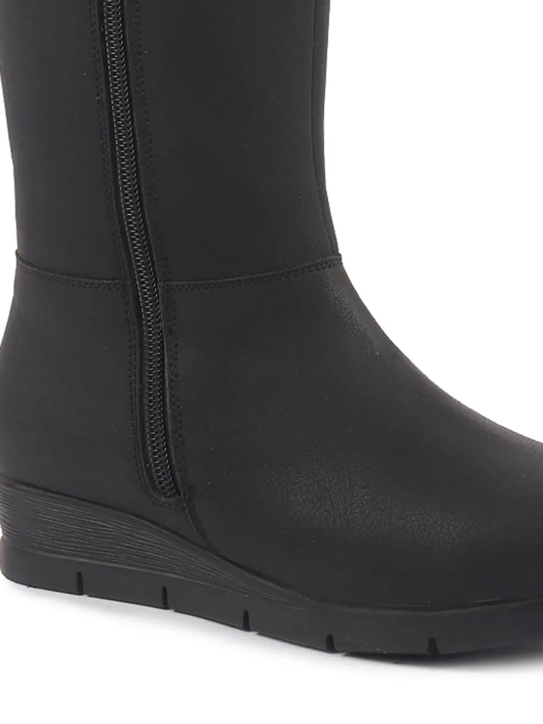 Women Black High Ankle Side Zipper Winter Classic Fur Boots|Memory Cushion Inslole|Platform Wedge Heel Mid Calf Work Boot