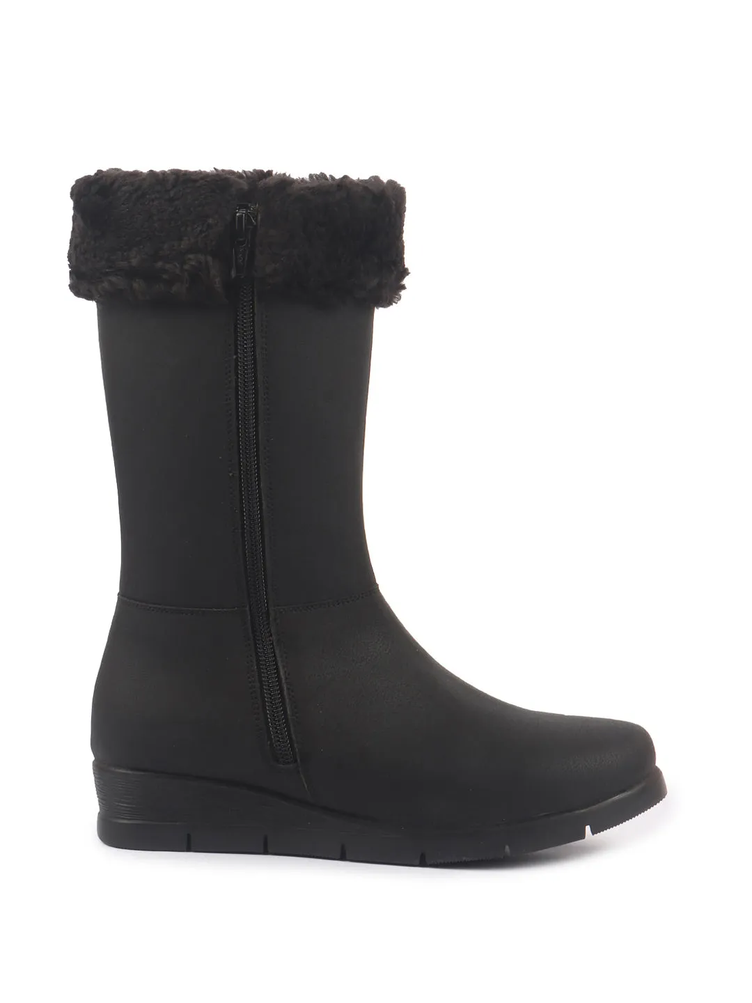 Women Black High Ankle Side Zipper Winter Classic Fur Boots|Memory Cushion Inslole|Platform Wedge Heel Mid Calf Work Boot
