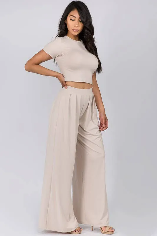 Women's Faith Apparel Crop Top & Wide Leg Palazzo Pants Set in Oatmeal
