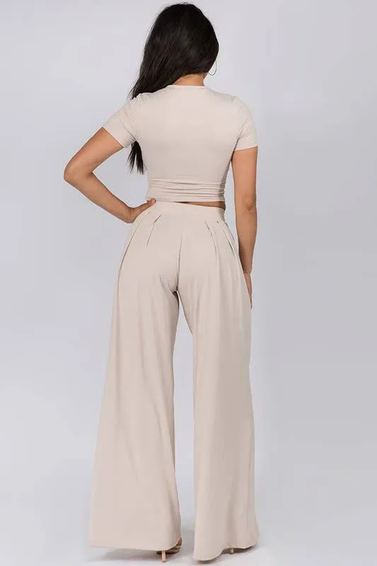 Women's Faith Apparel Crop Top & Wide Leg Palazzo Pants Set in Oatmeal